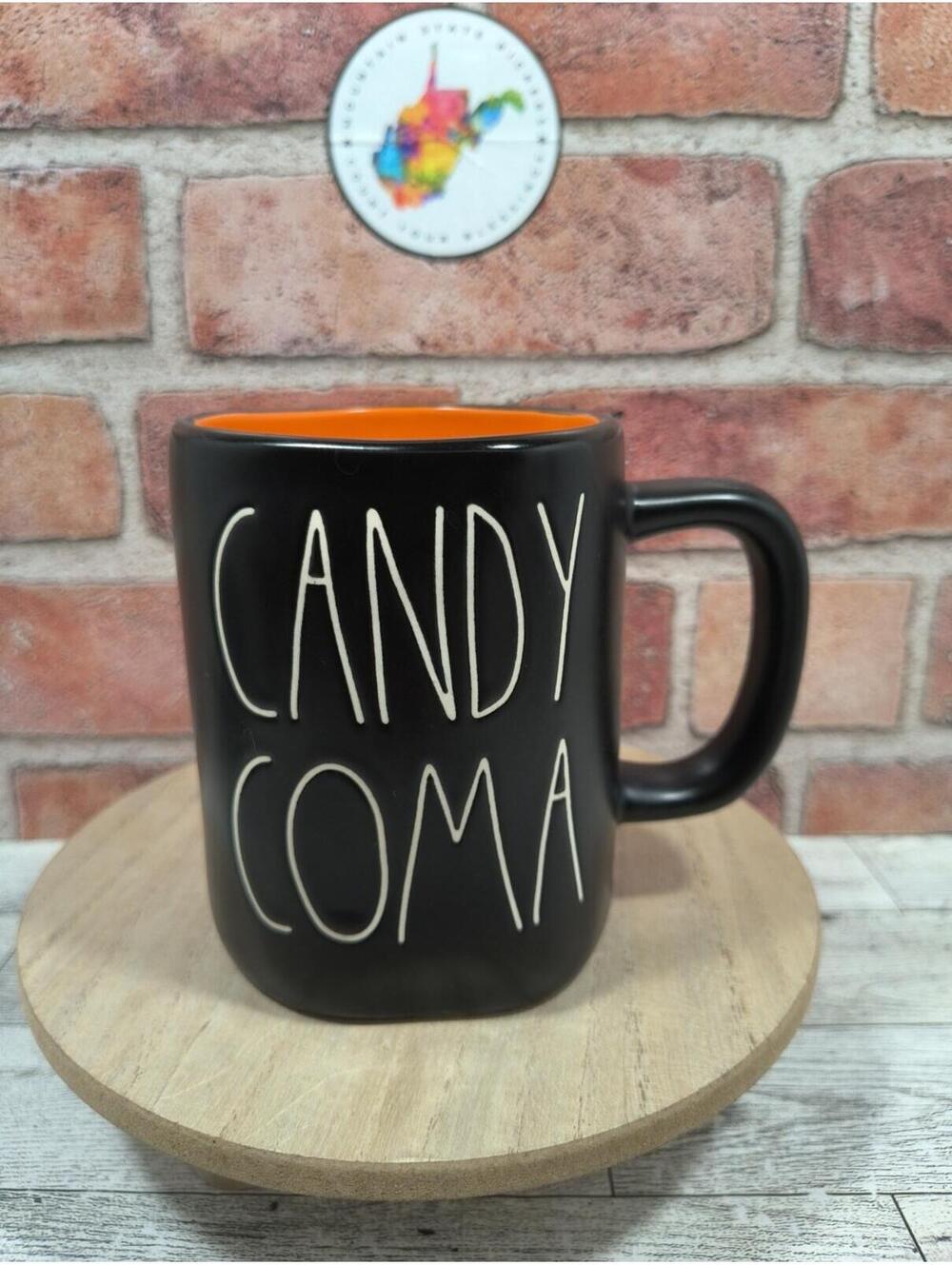 Rae Dunn Halloween “CANDY COMA” Black Mug Orange Inside By Magenta NWOT